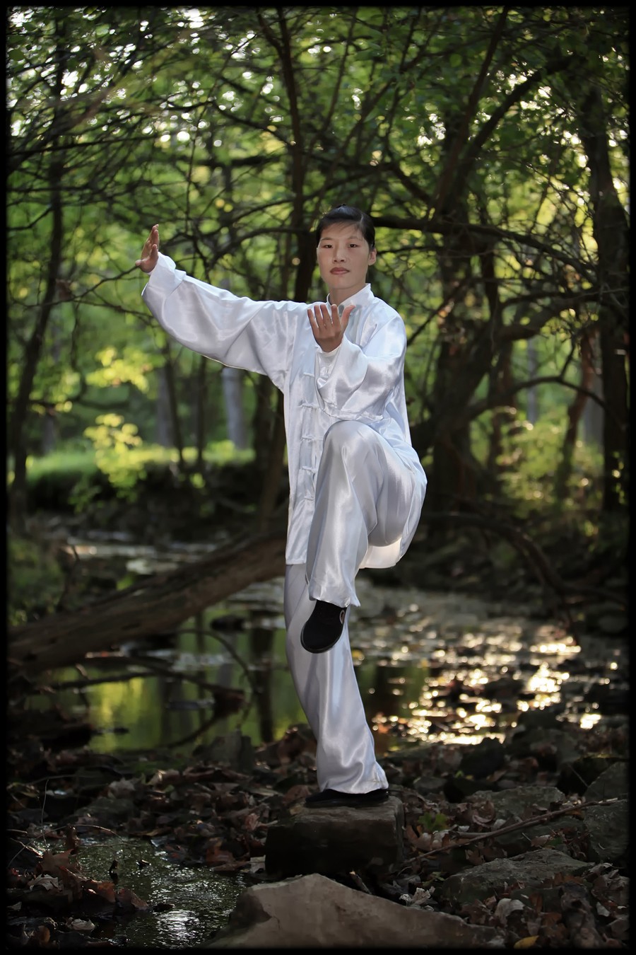 Master Chen Huixian demonstrating a rounded Chen Taijiquan posture on red rock